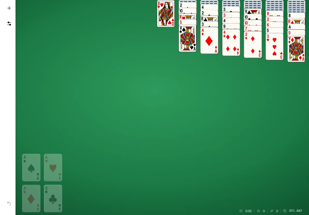 Russian Solitaire sur tablette à l’horizontale : la donne RU1-C-AAAAAAV au départ, sept colonnes et quatre fondations vides sur le tapis vert.